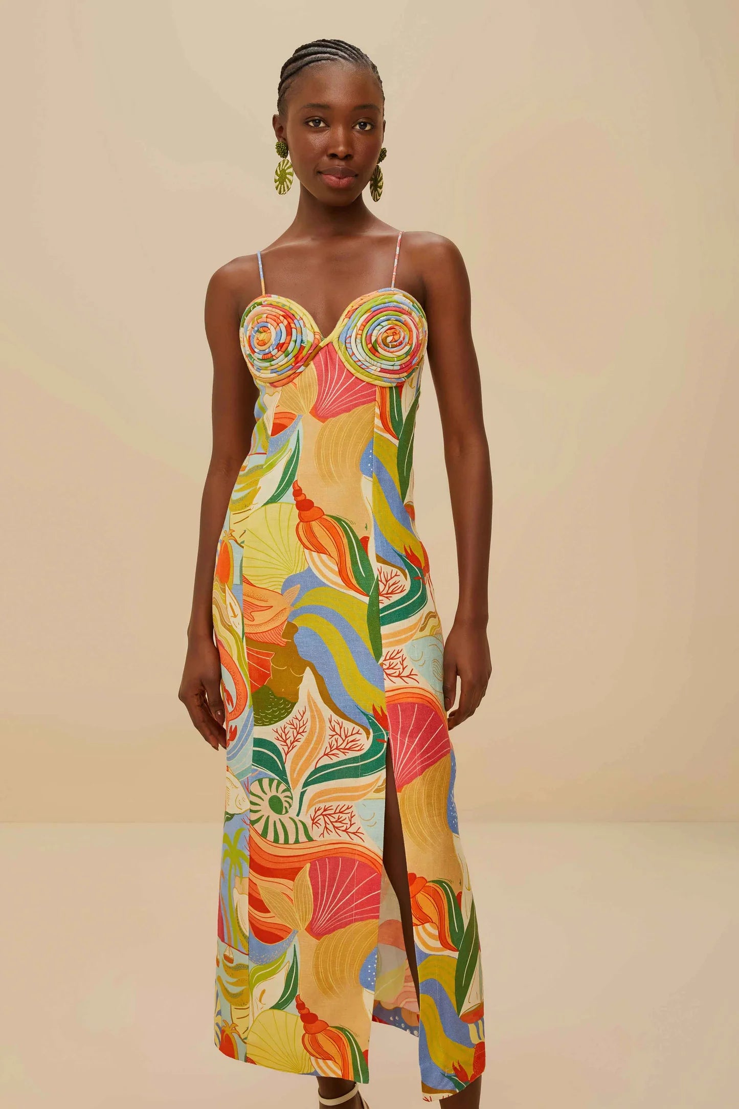 Multicolor Ocean View Twisted Cups Midi Dress