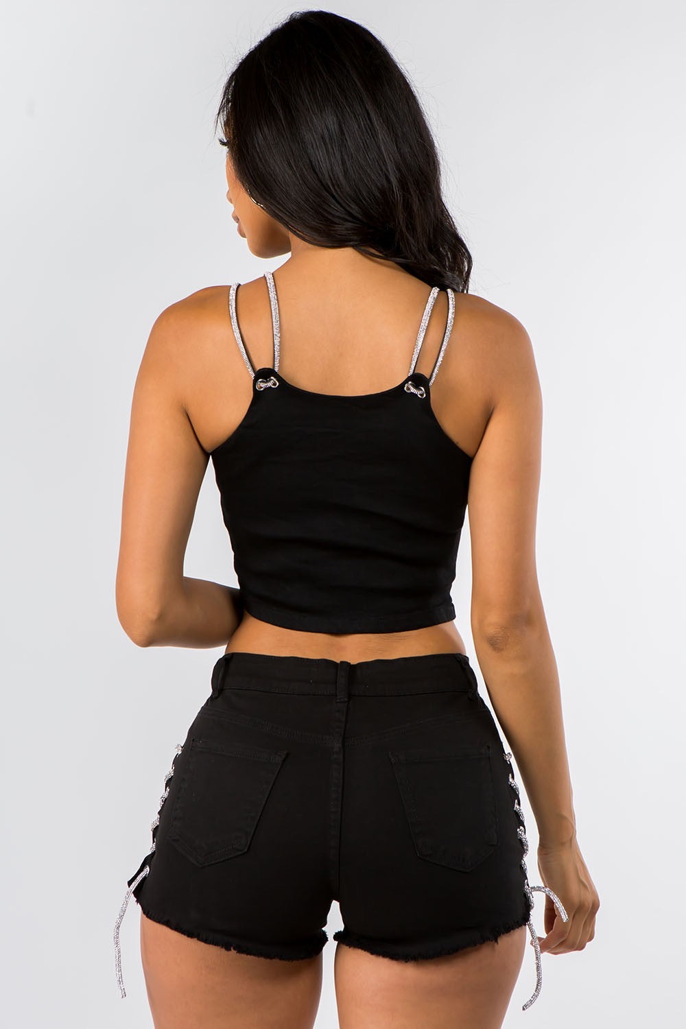 Lace up Denim shorts-Black