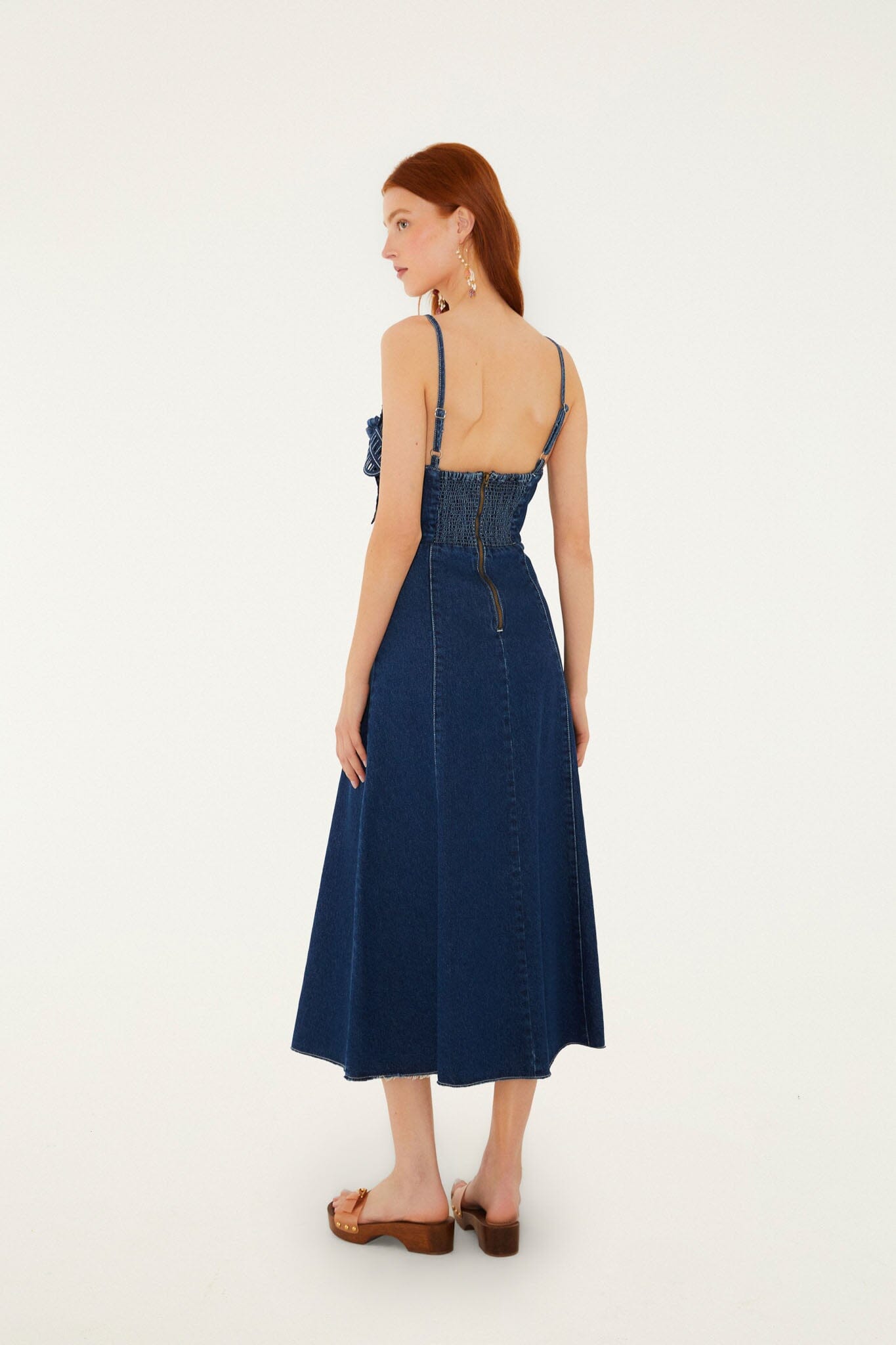 Denim 3d Flower Cut-Out Midi Dress