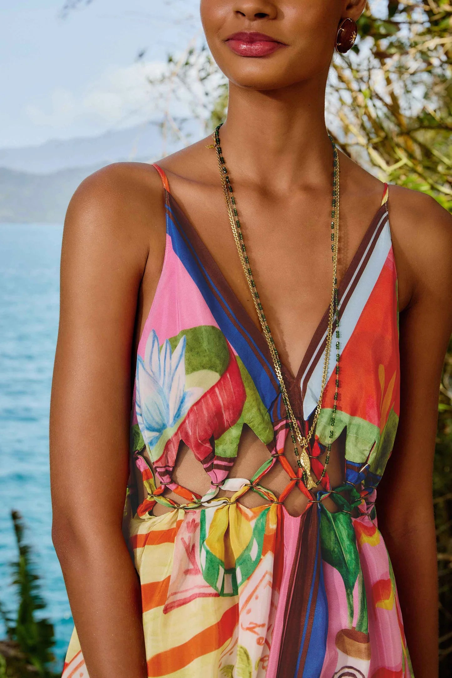Multicolor Summer Picnic Macrame Yoke Maxi Dress