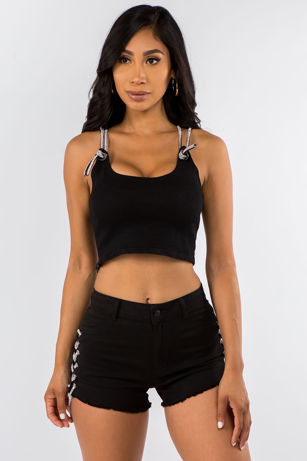 Lace up Denim shorts-Black