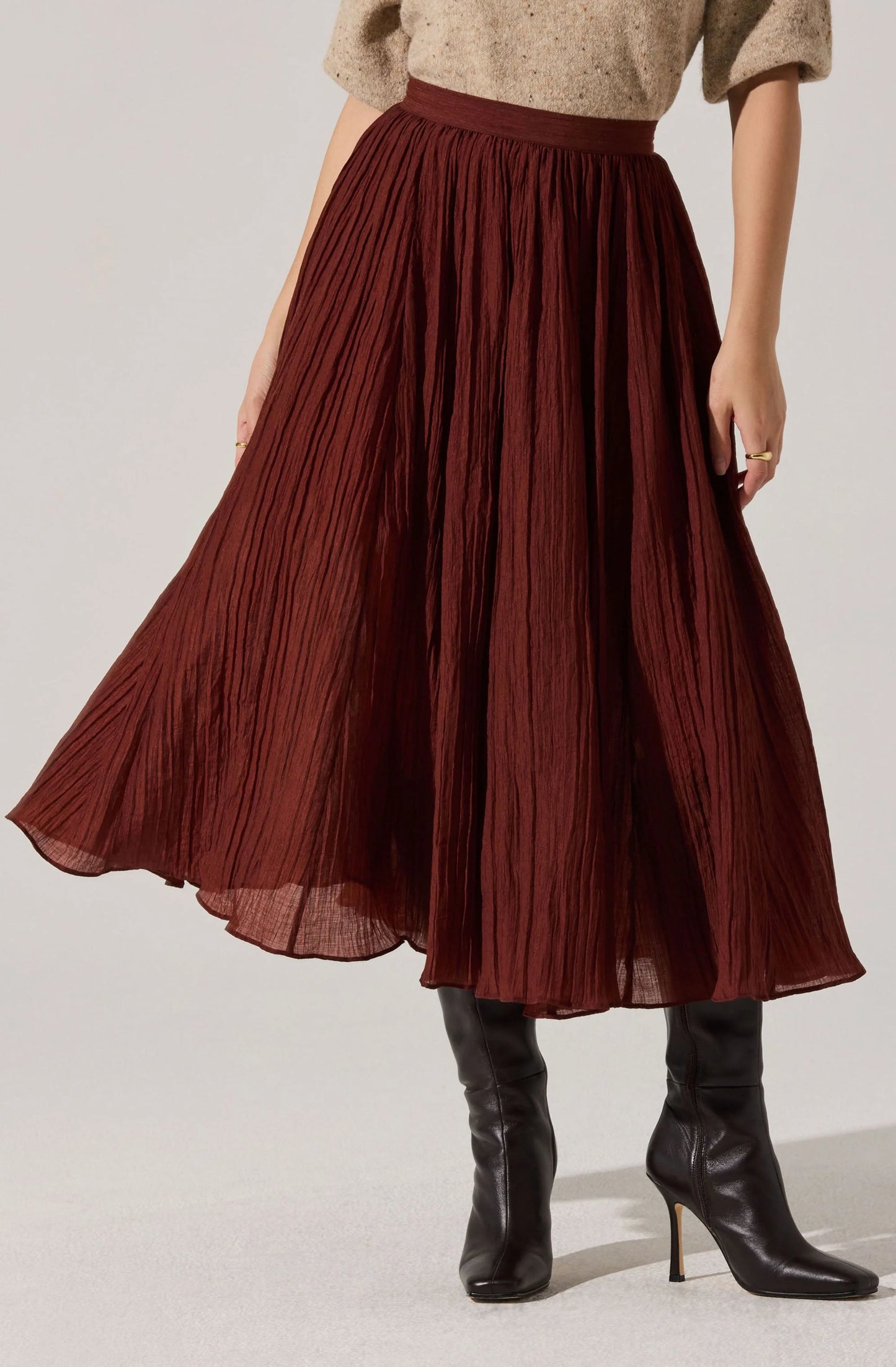 Salome Pleated Flare Midi Skirt- BURNT BROWN