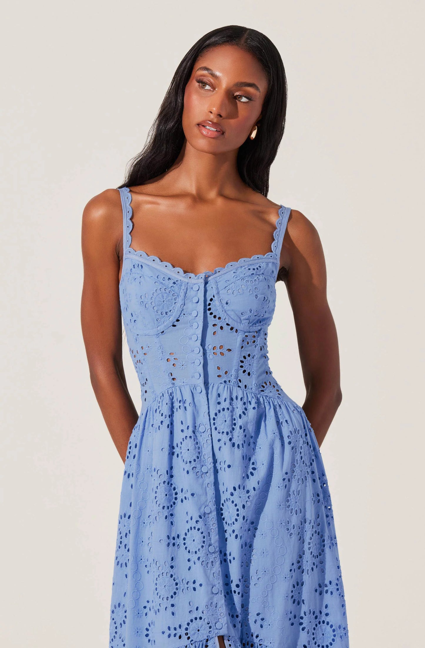 Yamila Eyelet Corset Midi Dress-Blue