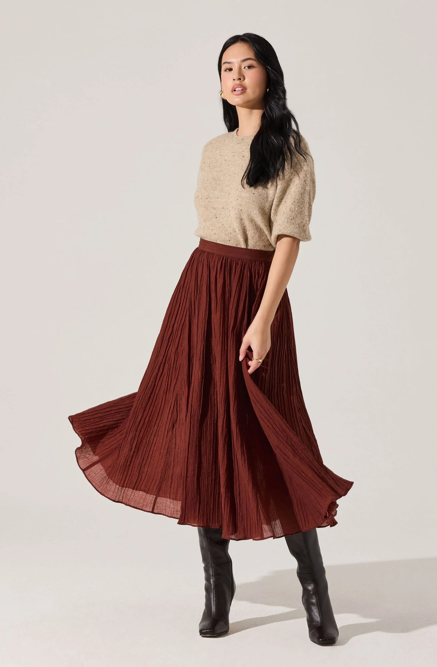 Salome Pleated Flare Midi Skirt- BURNT BROWN
