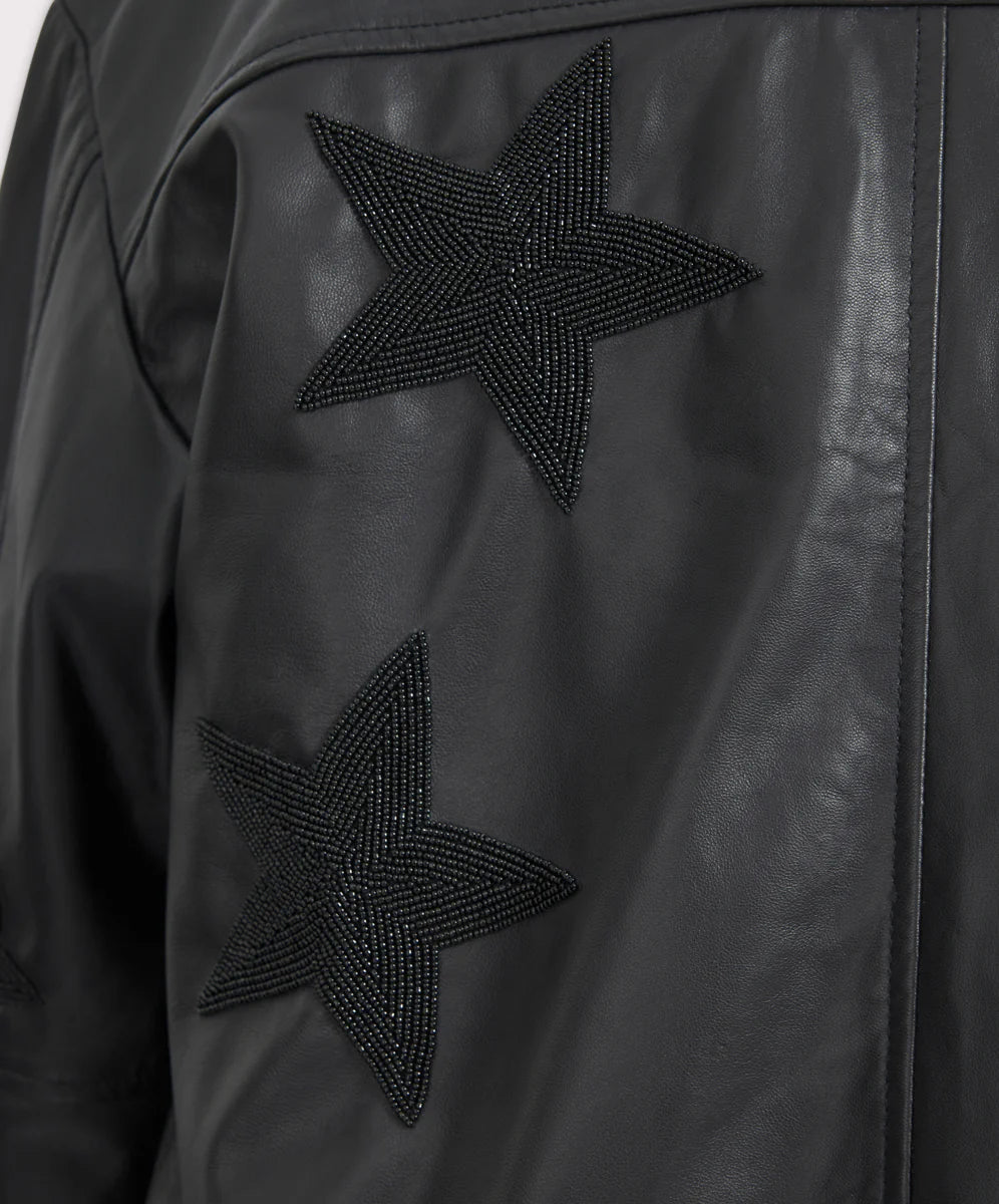 Biker Boyfriend Embellished Moto Leather Jacket- Black Star