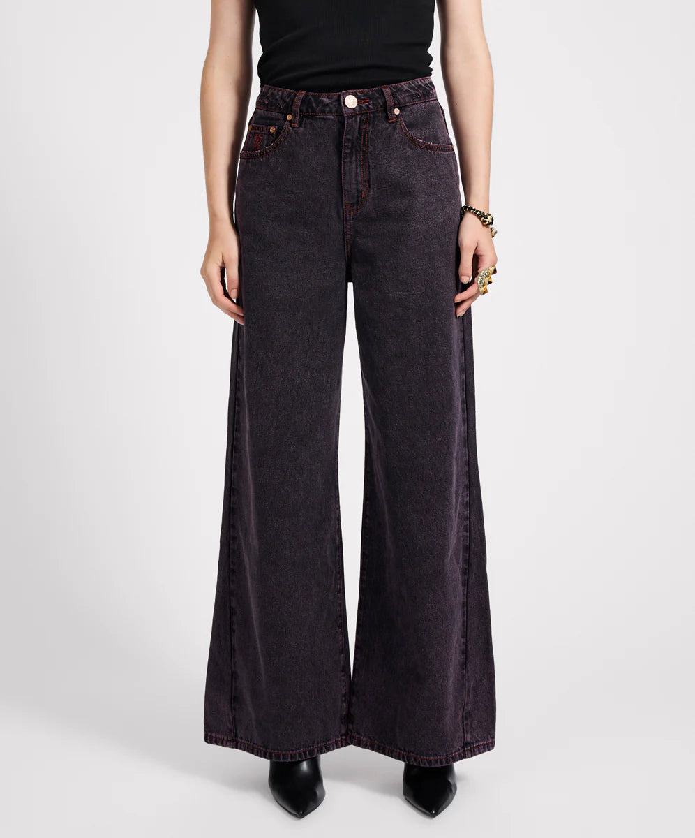 Love Machines Mid Waist Super Wide Leg Denim Jeans- Black Pink