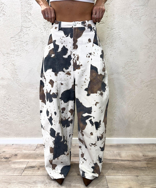Eden Cow Pattern Baggy Barrel Jeans