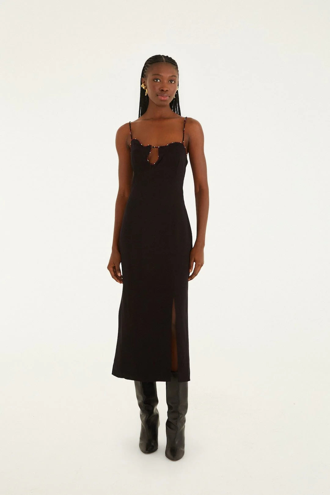 Black Beaded Neckline Sleevless Midi Dress