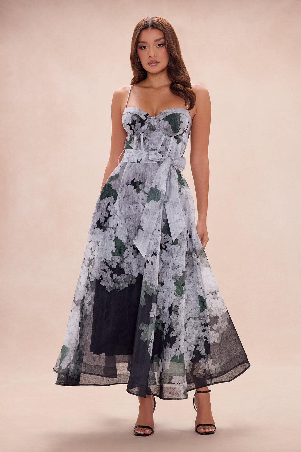 Midnight Blossom Corset Midi Dress