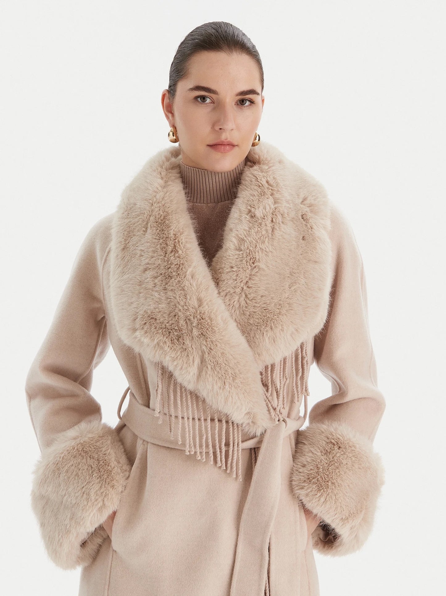The Luxe Fox Fur Trim Wool Coat in Oatmeal