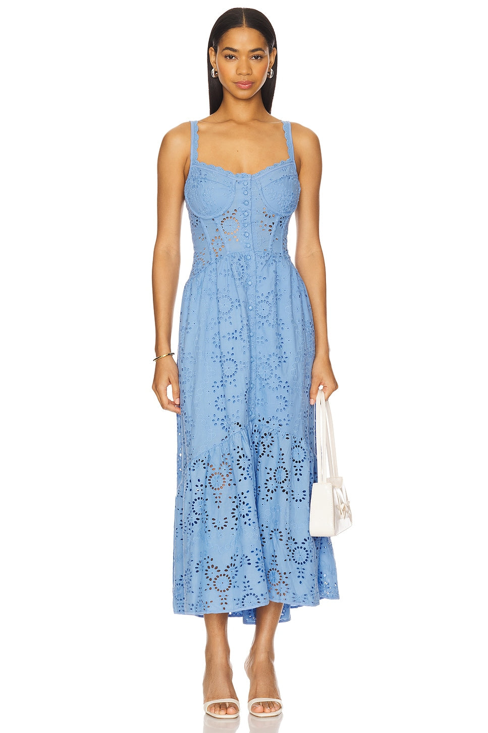 Yamila Eyelet Corset Midi Dress-Blue