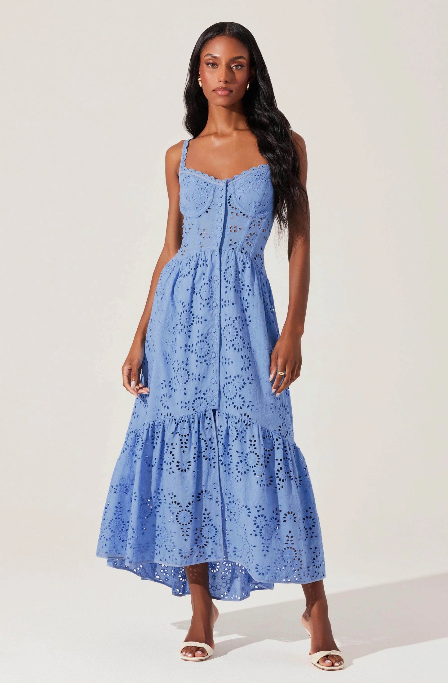 Yamila Eyelet Corset Midi Dress-Blue