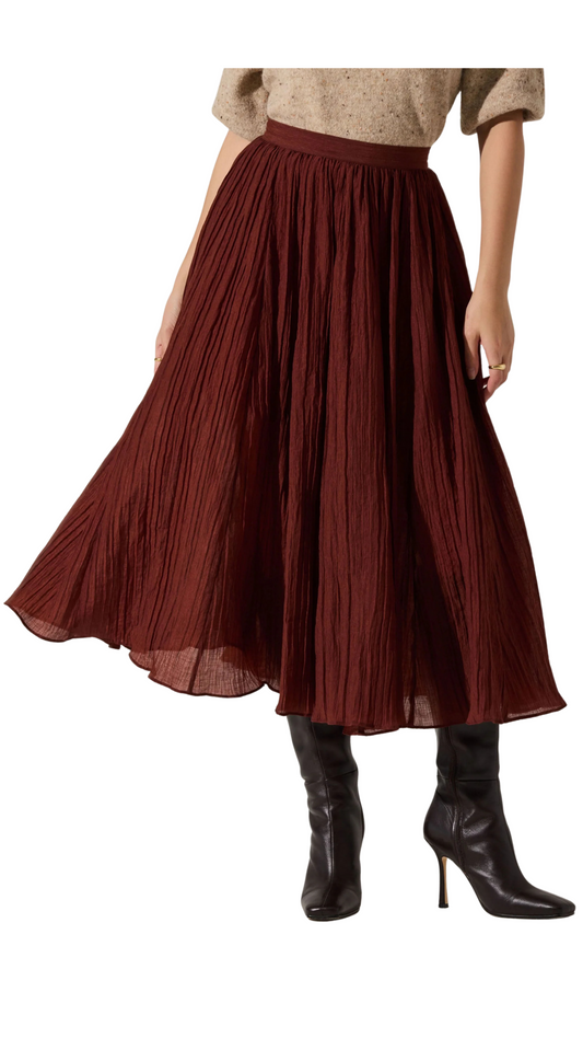 Salome Pleated Flare Midi Skirt- BURNT BROWN