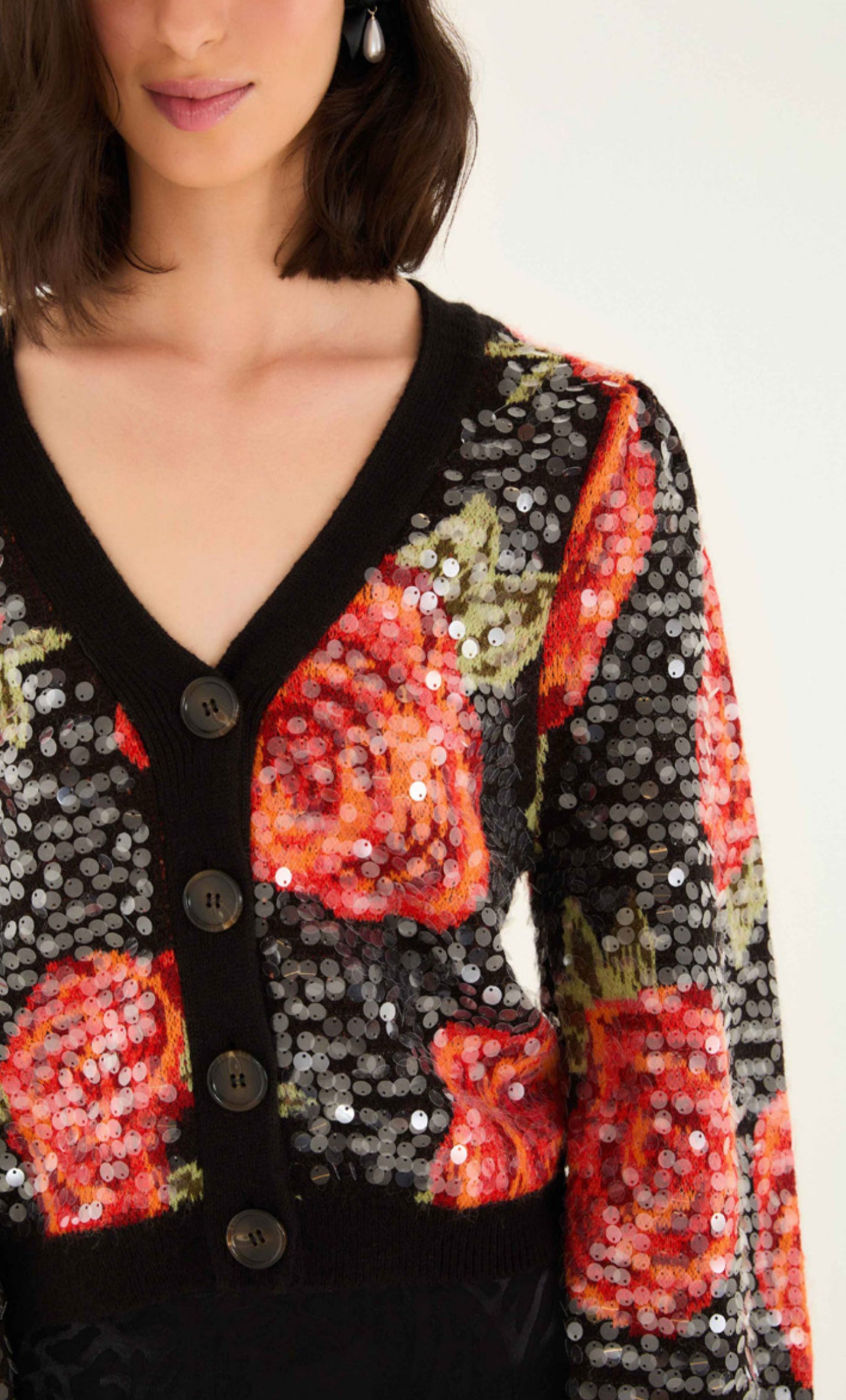 Black Latin Roses Buttoned Sequined Knit Cardigan