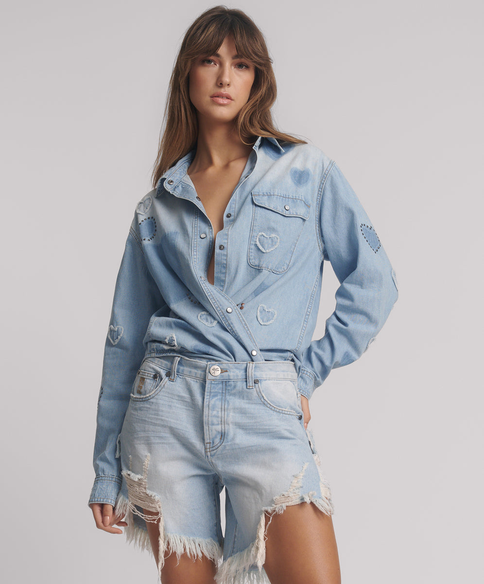 Frankies Long Length Denim Shorts - Blue Heart