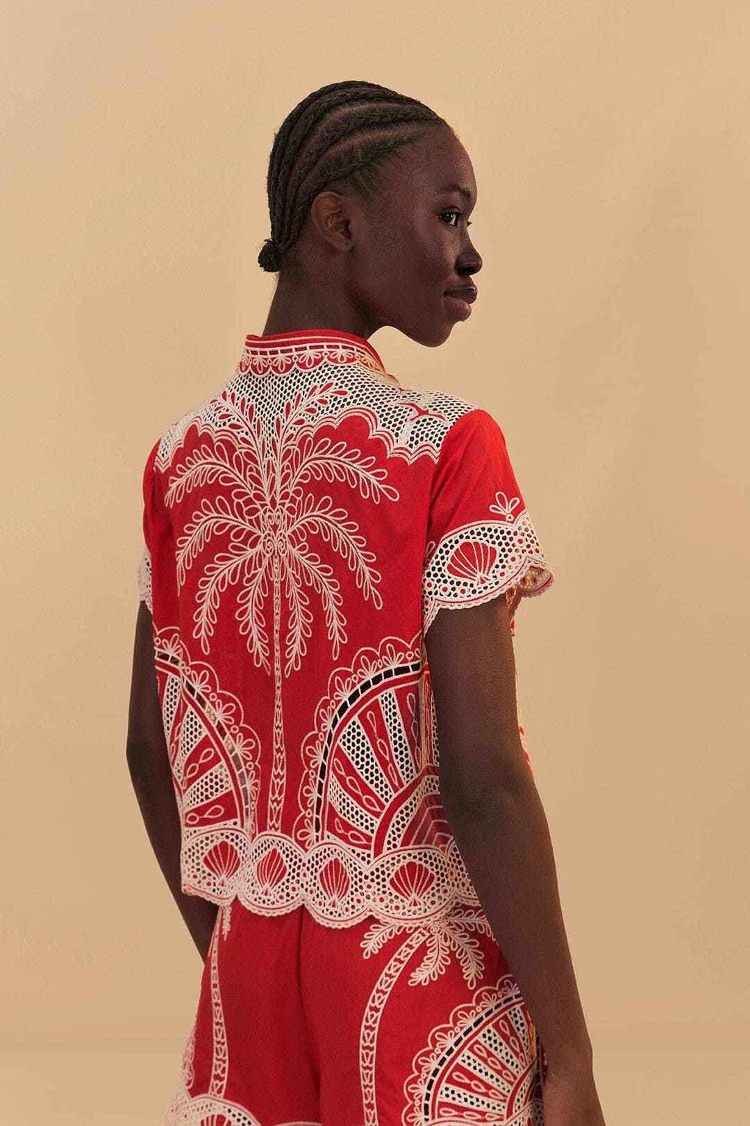 Red Palm Trees Embroidered Short Set