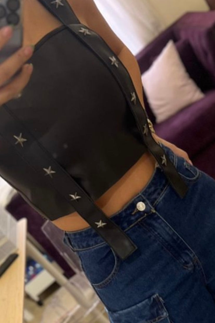 Stars Studs Black Leather Crop Top