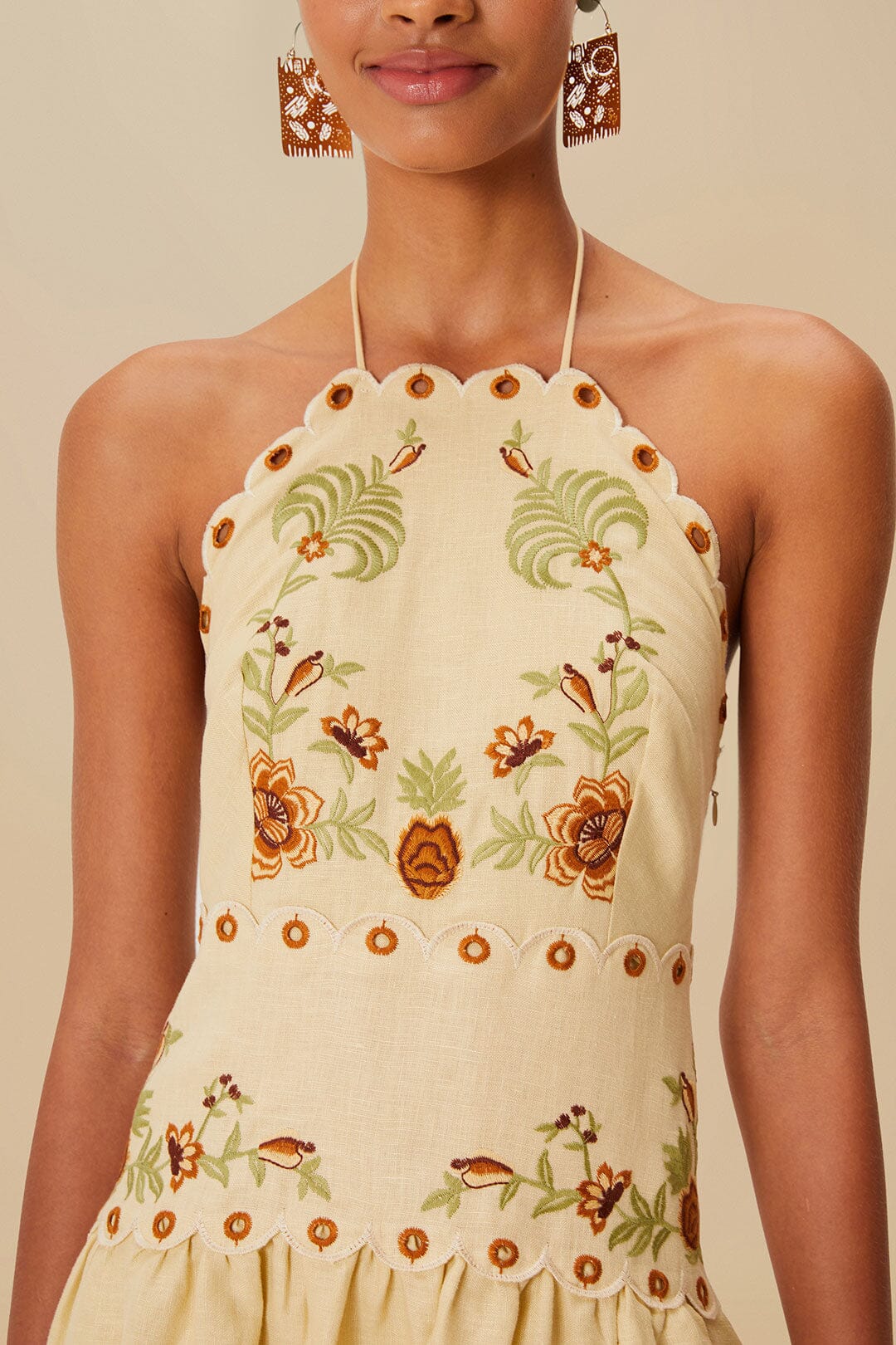 Sand Delicate Forest Richelieu Embroidered Midi Dress