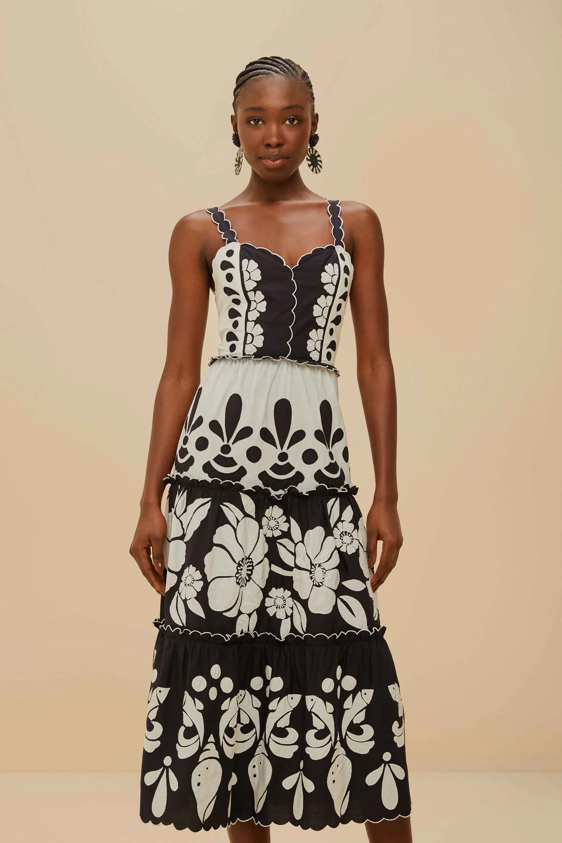 Black And White Summer Cutwork Organic Cotton Midi Dress