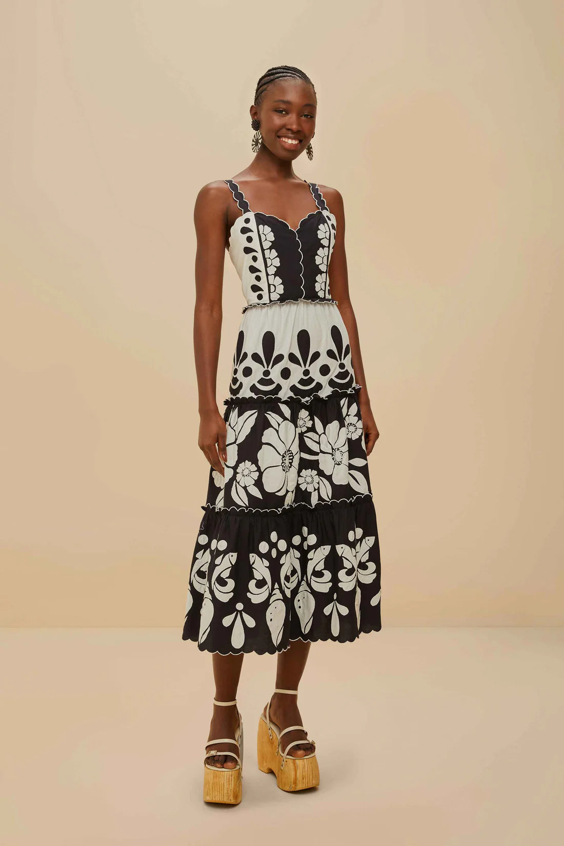 Black And White Summer Cutwork Organic Cotton Midi Dress