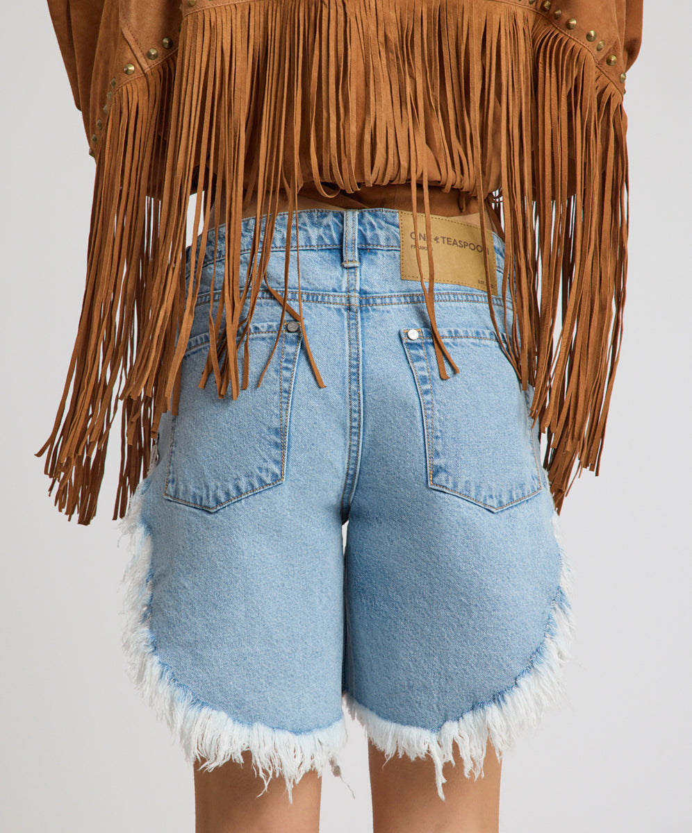 Frankies Low Waist Long Length Denim Shorts - Riviera Blue