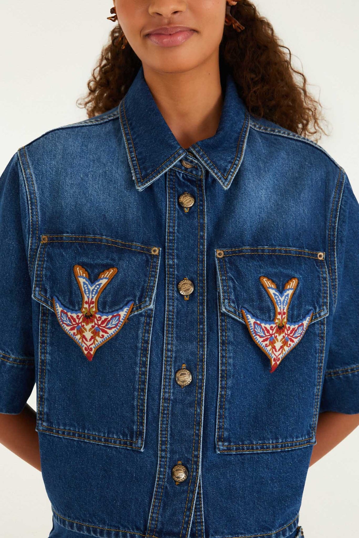 Denim Porcelain Birds Embroidered Shirt