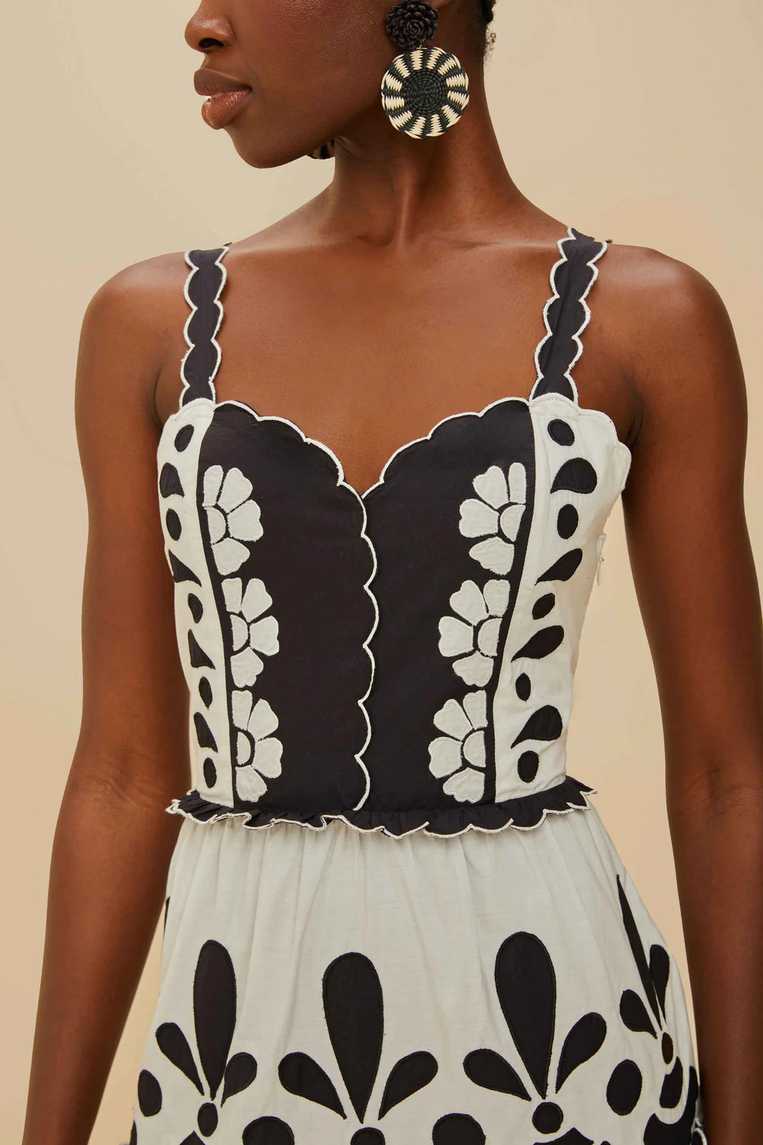 Black And White Summer Cutwork Organic Cotton Midi Dress