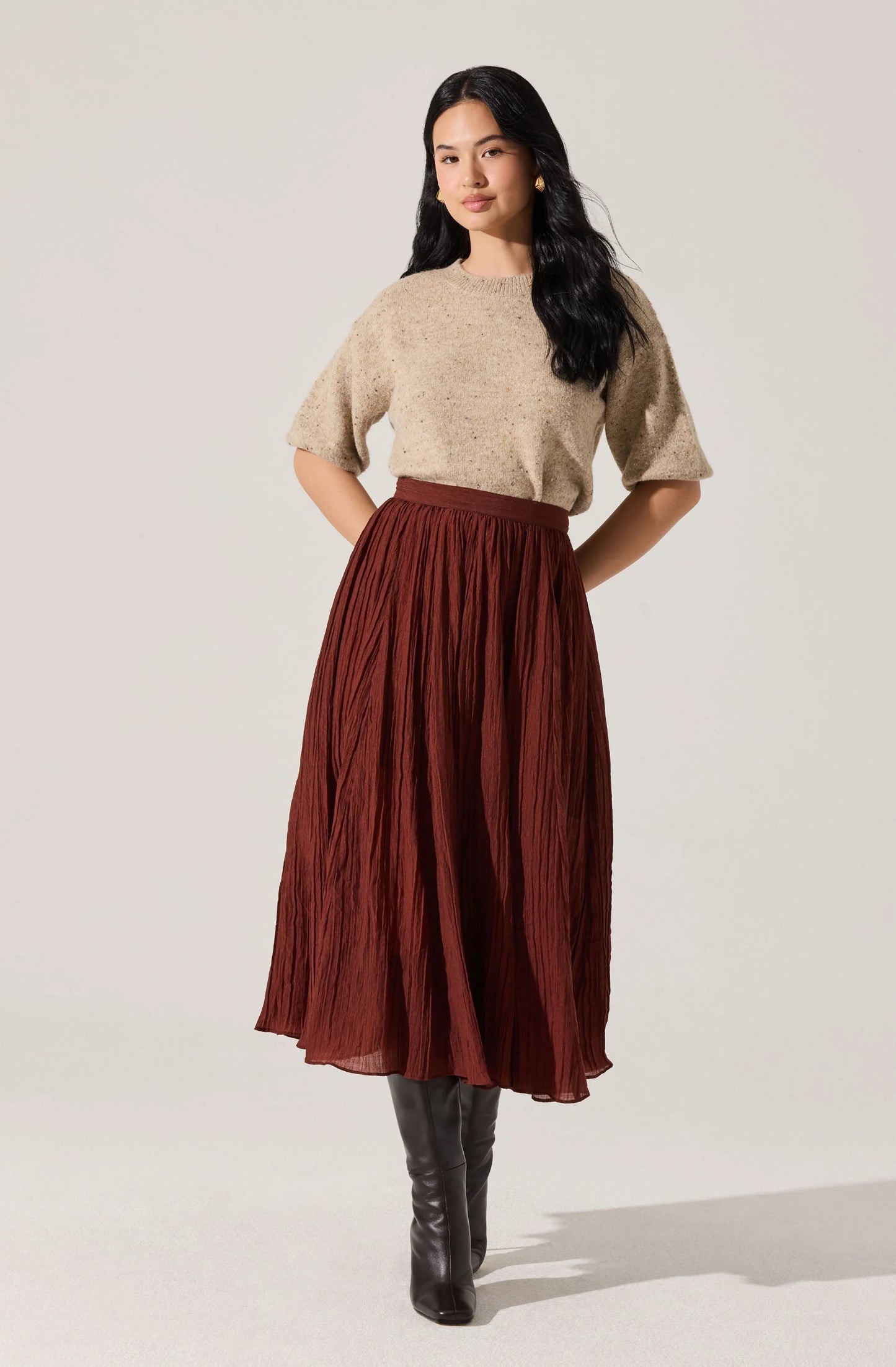 Salome Pleated Flare Midi Skirt- BURNT BROWN