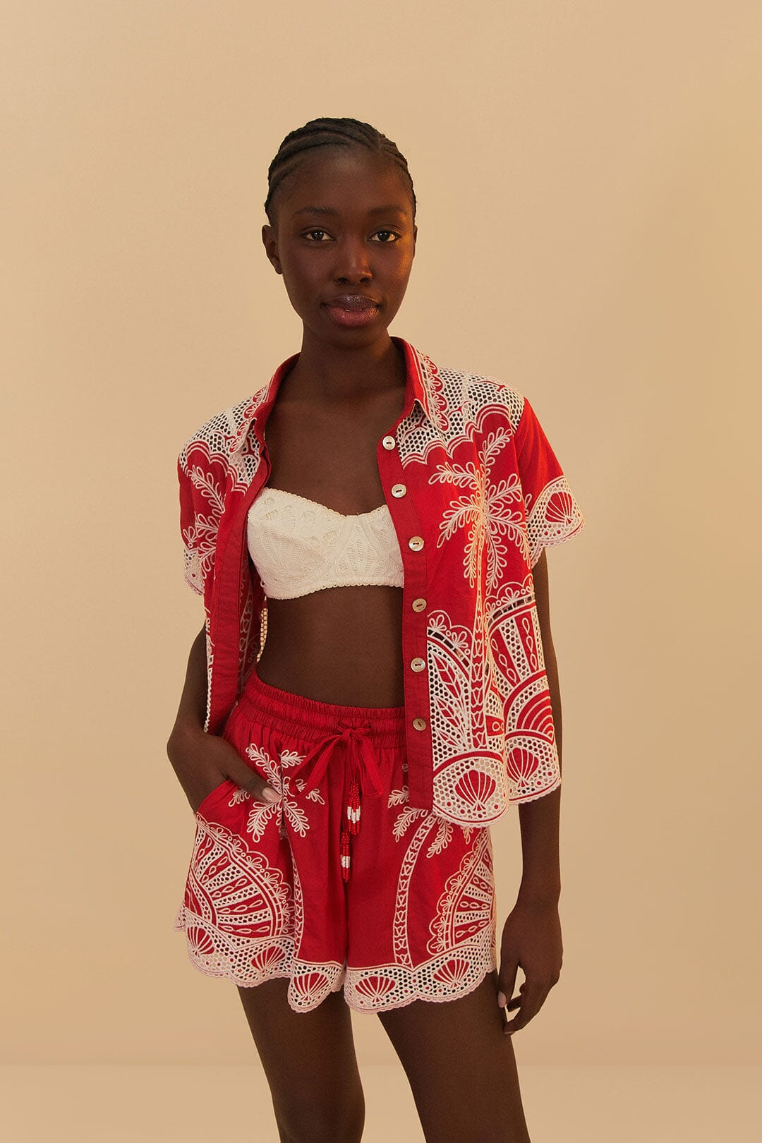 Red Palm Trees Embroidered Short Set