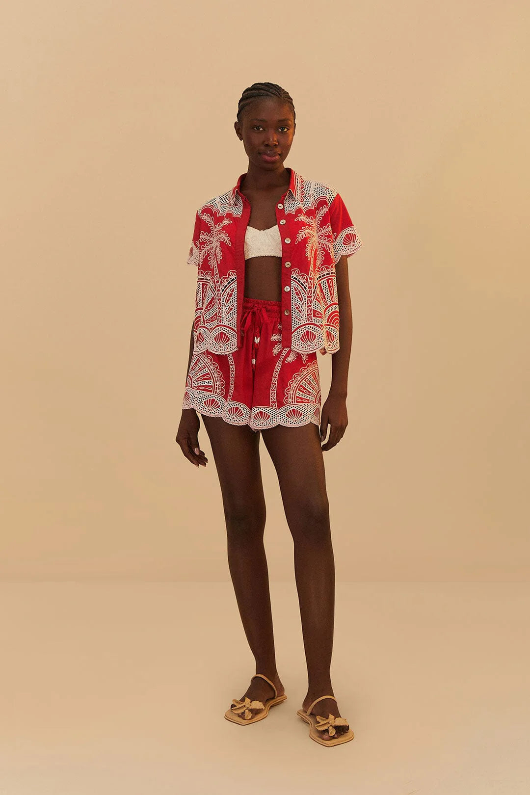 Red Palm Trees Embroidered Short Set