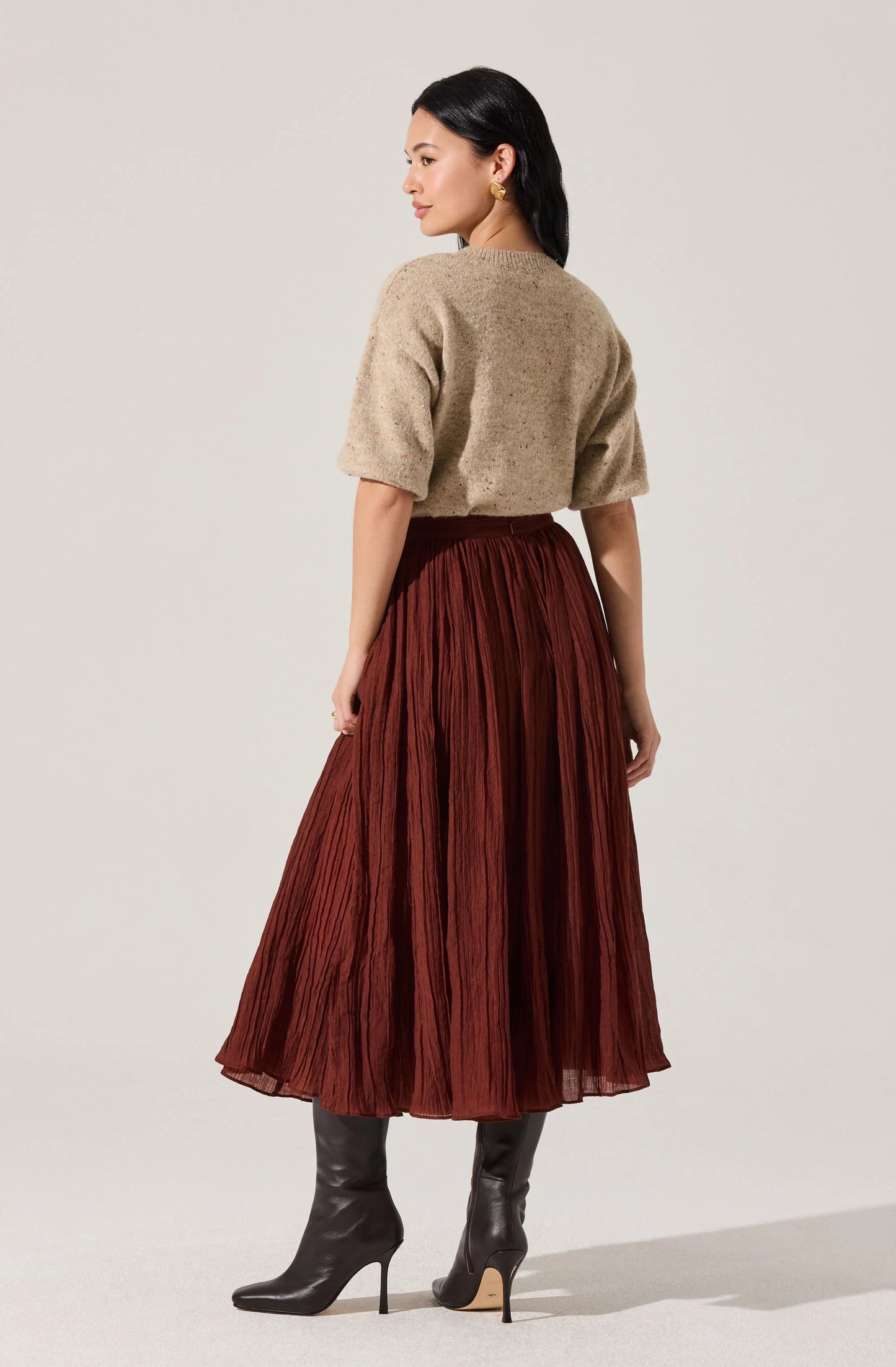 Salome Pleated Flare Midi Skirt- BURNT BROWN
