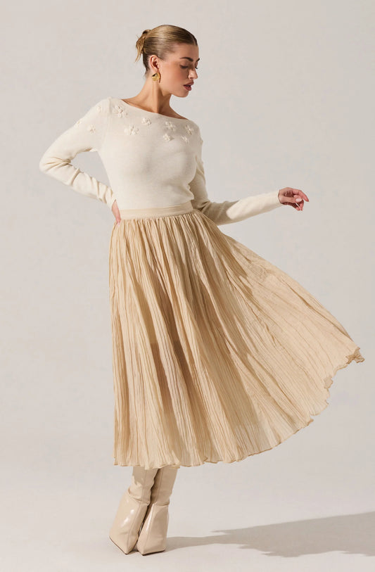 Salome Pleated Flare Midi Skirt- CREAM