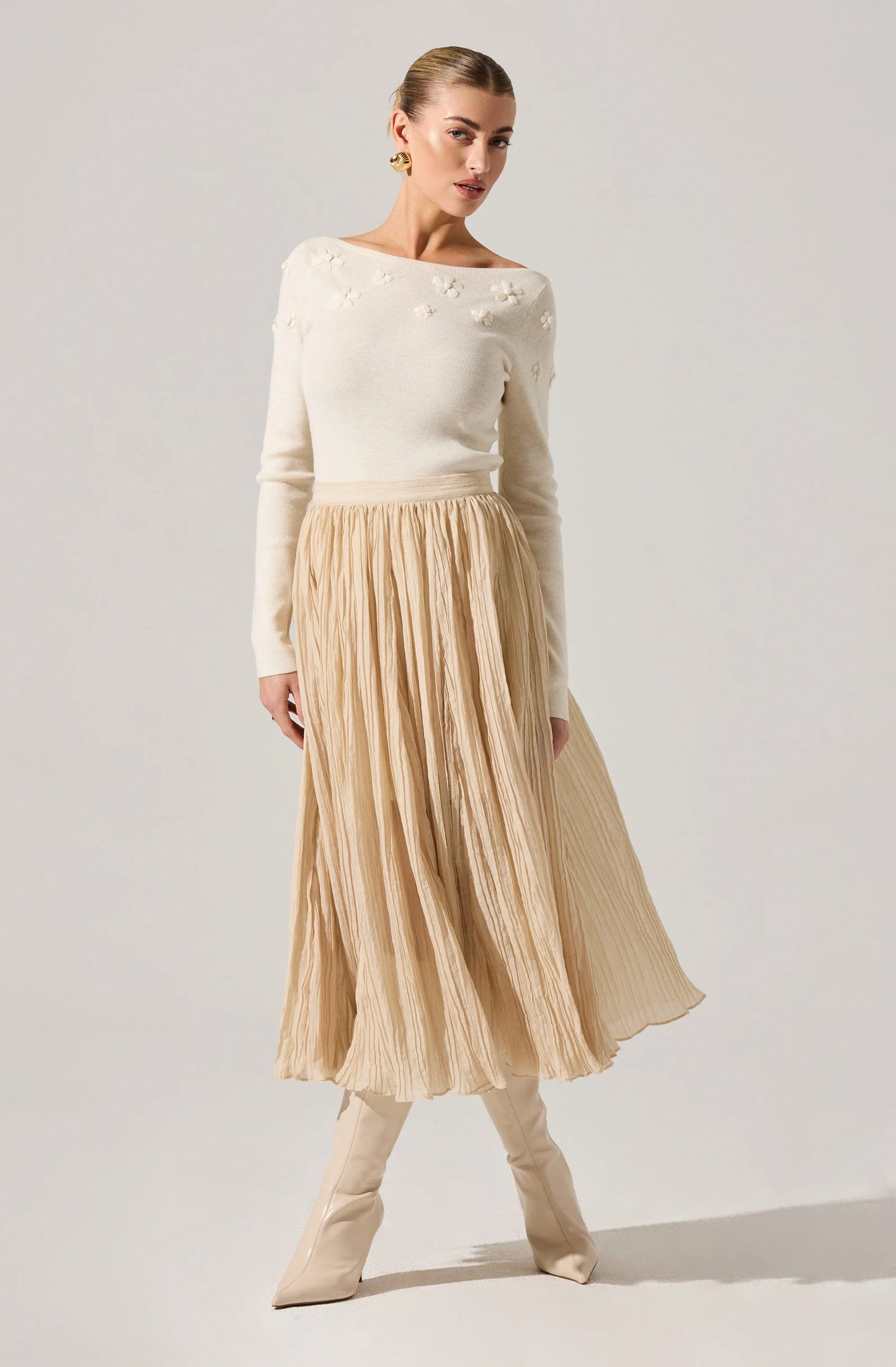 Salome Pleated Flare Midi Skirt- CREAM