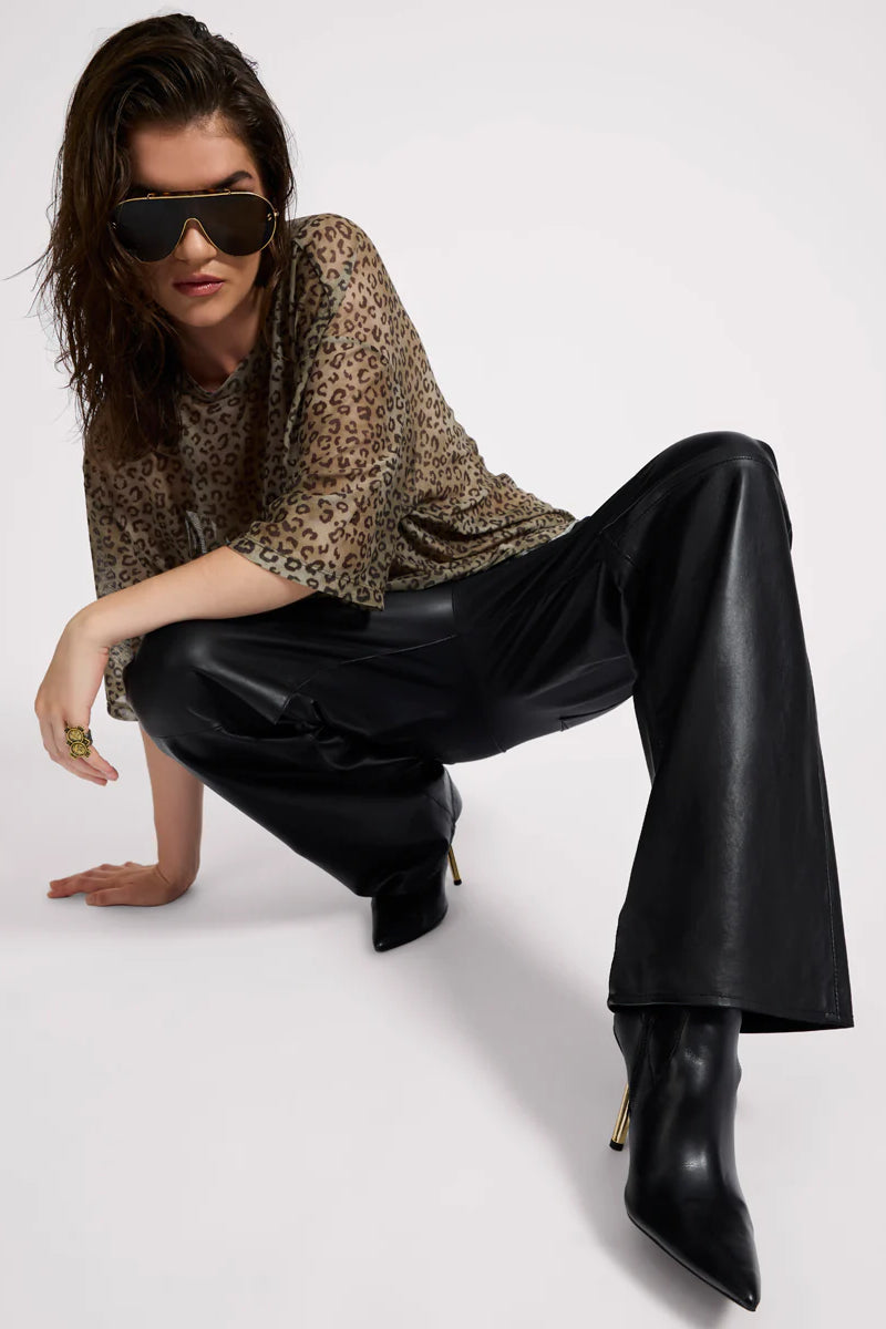 Roadhouse Mid Waist Wide Leg Drawstring Leather Pants - Black