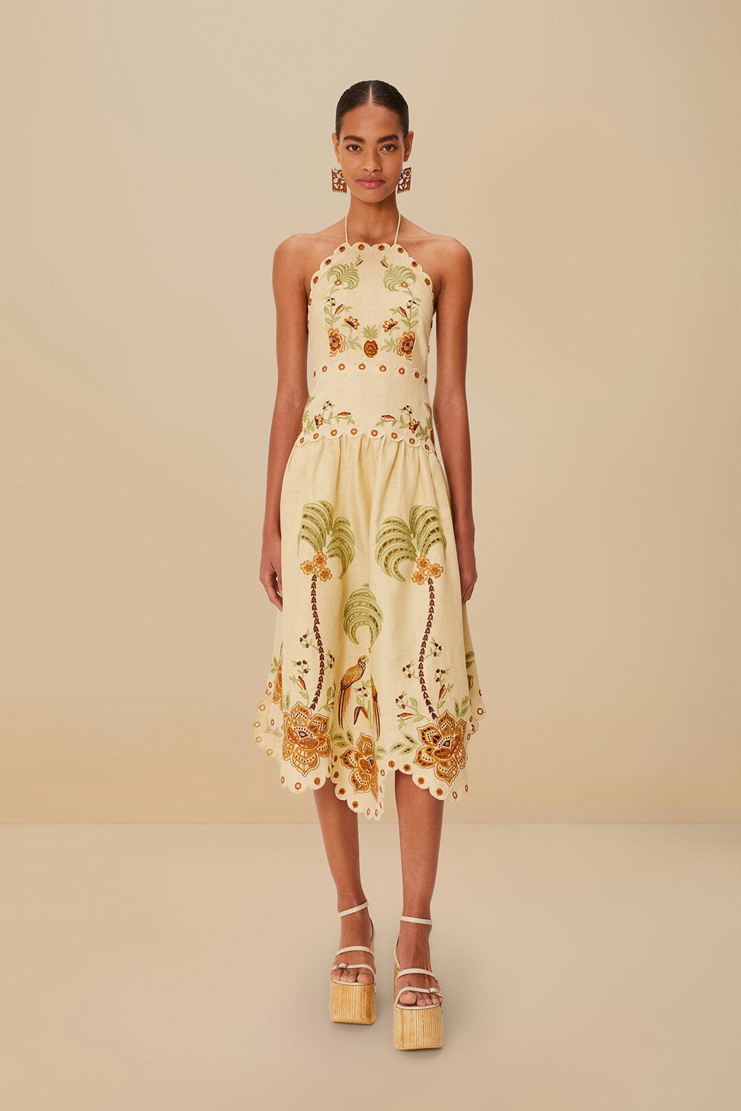 Sand Delicate Forest Richelieu Embroidered Midi Dress