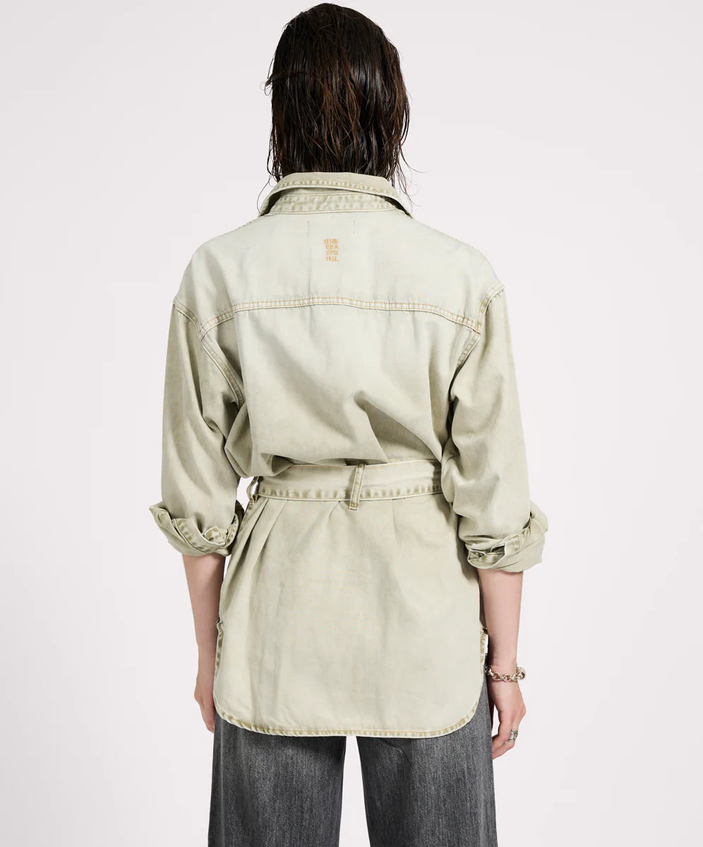 Belted Longline Denim Shirt - Antique Khaki