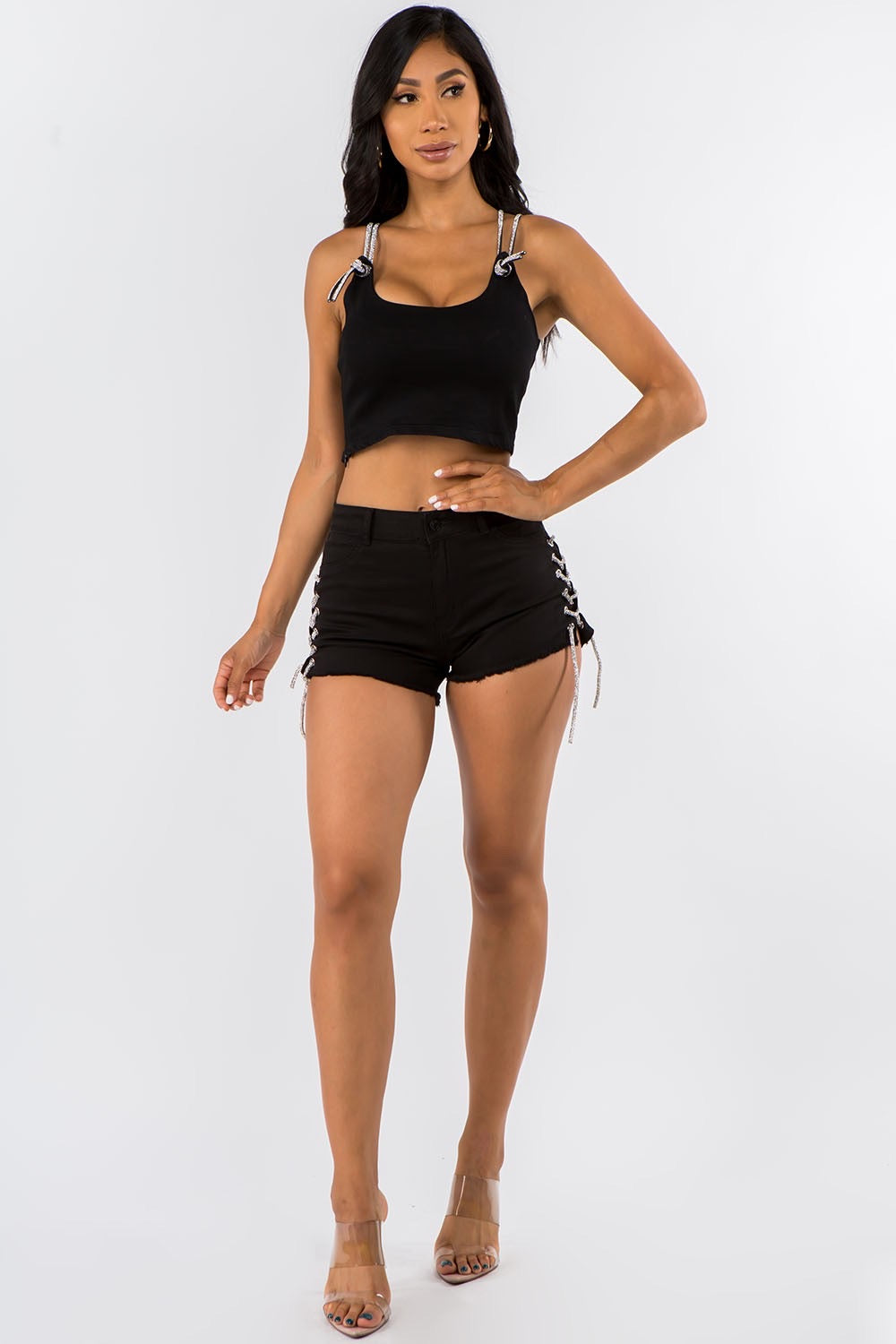 Lace up Denim shorts-Black