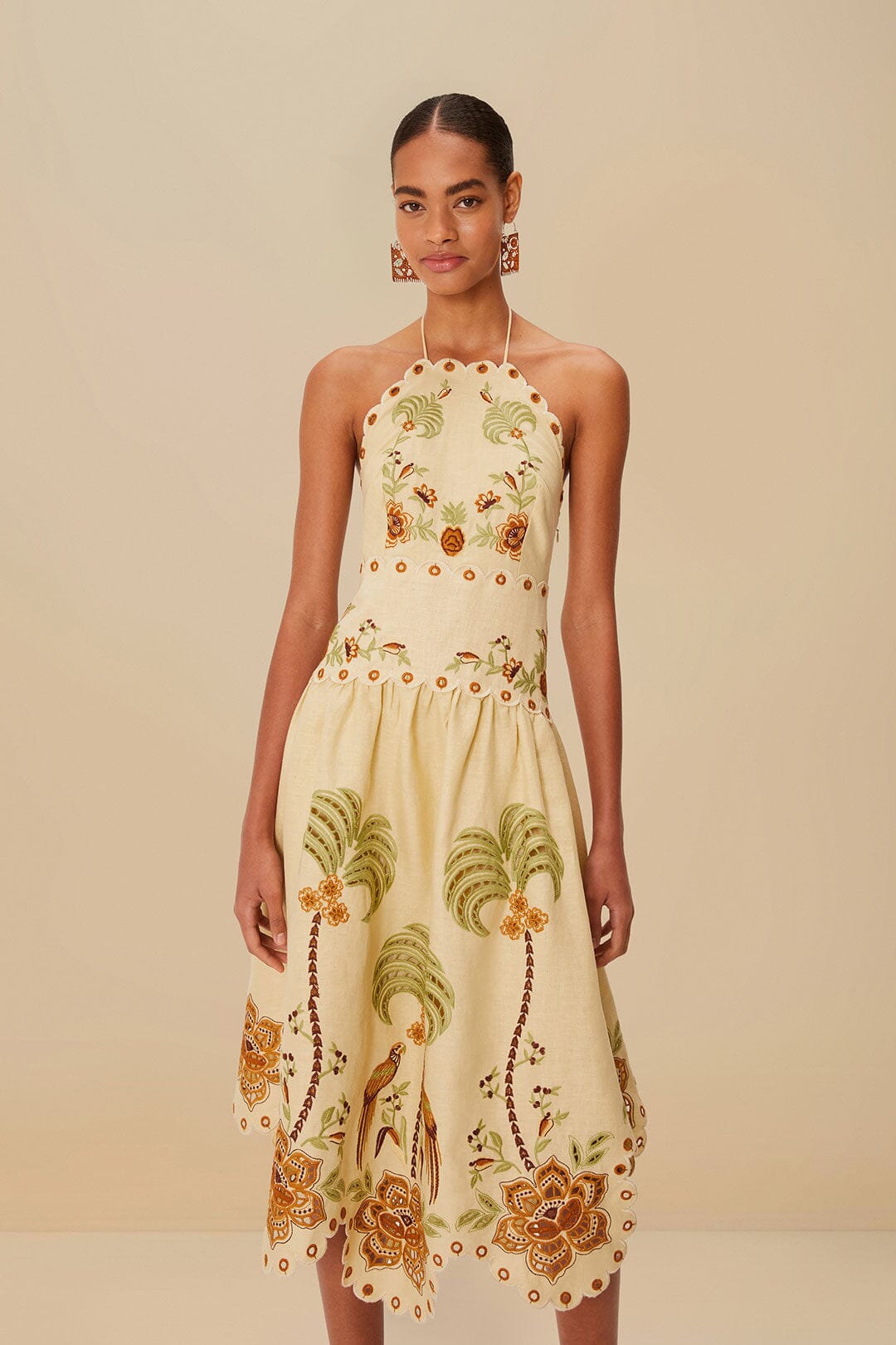 Sand Delicate Forest Richelieu Embroidered Midi Dress