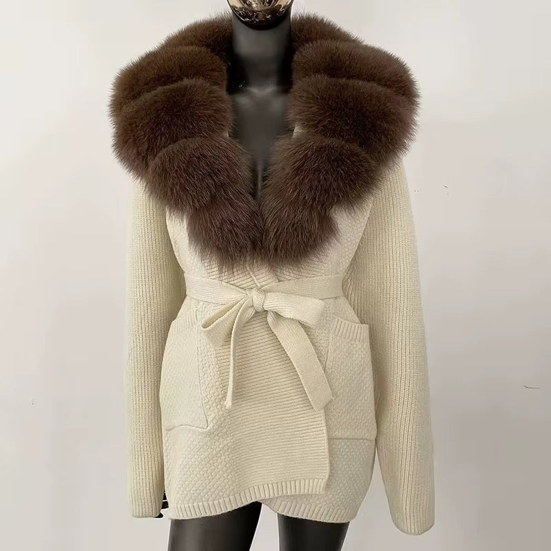 The Luxe Fox Fur Knit Cardigan- Off White/ Brown
