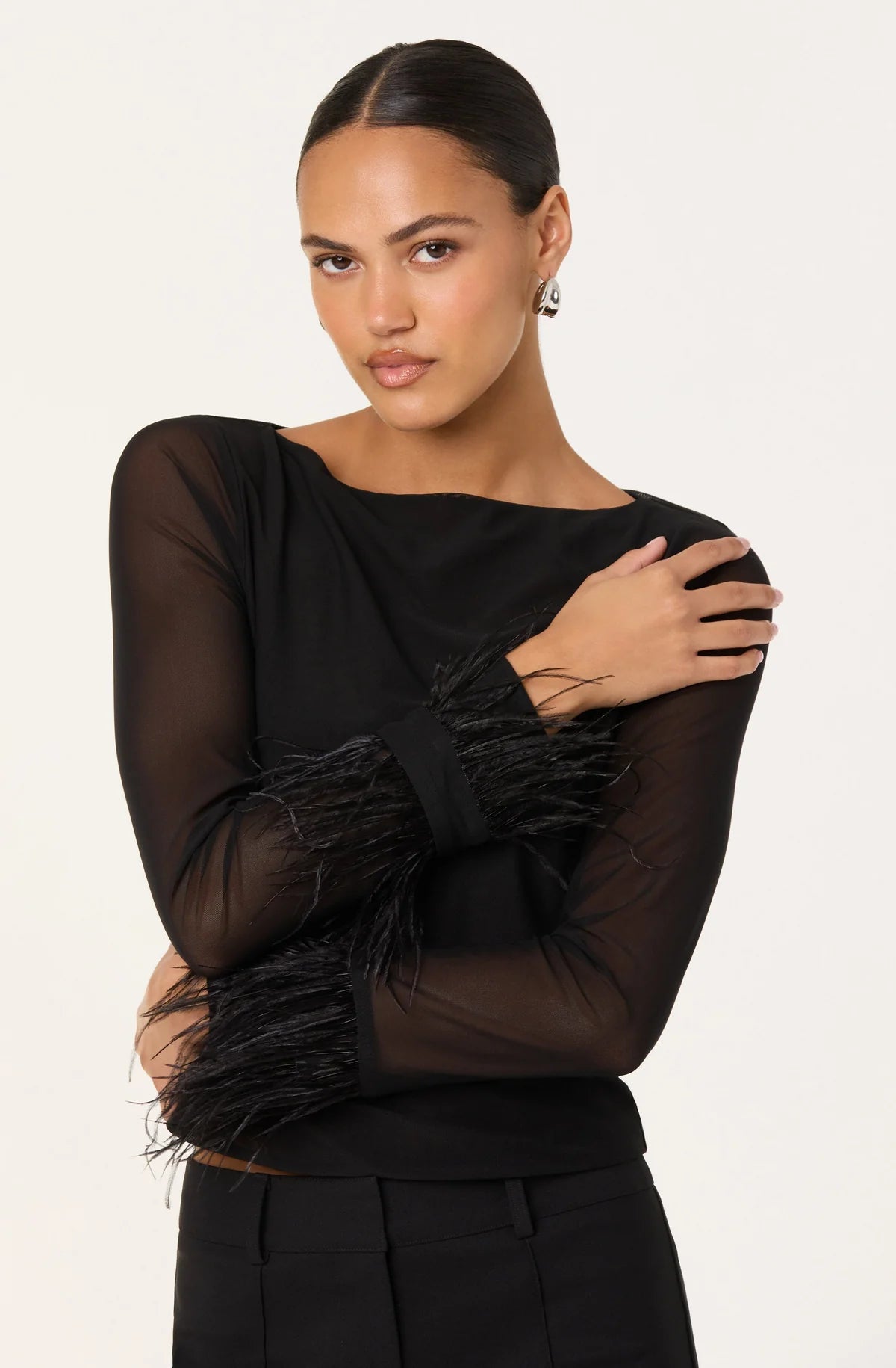 Brisa Mesh Feather Trim Top