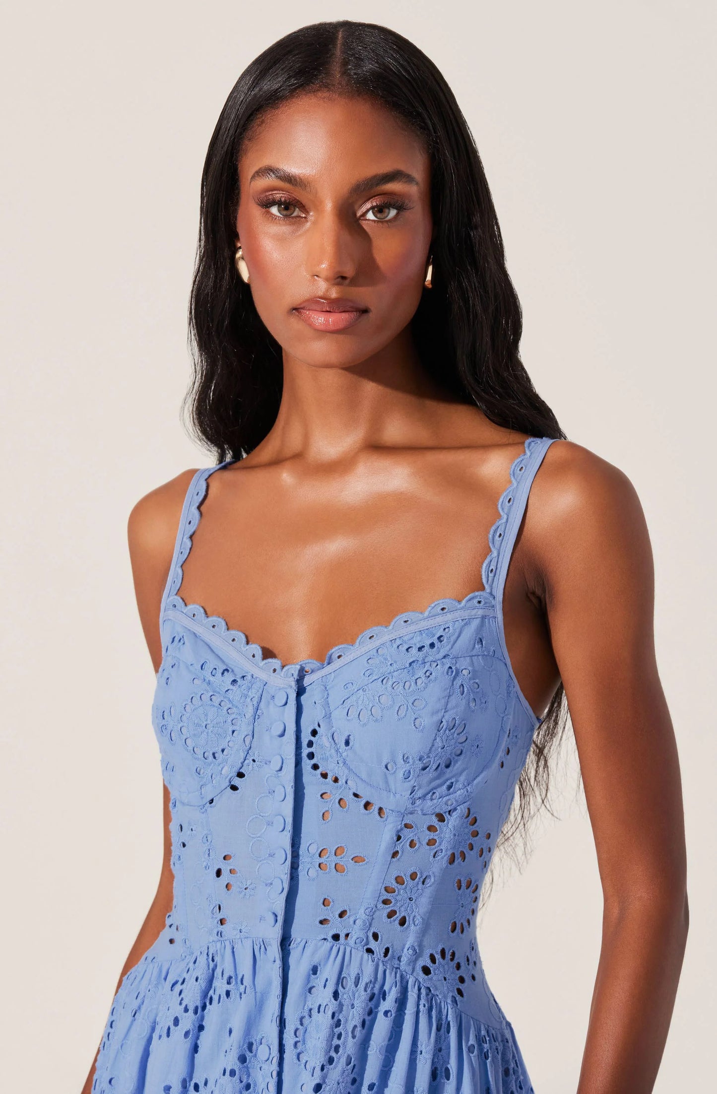 Yamila Eyelet Corset Midi Dress-Blue