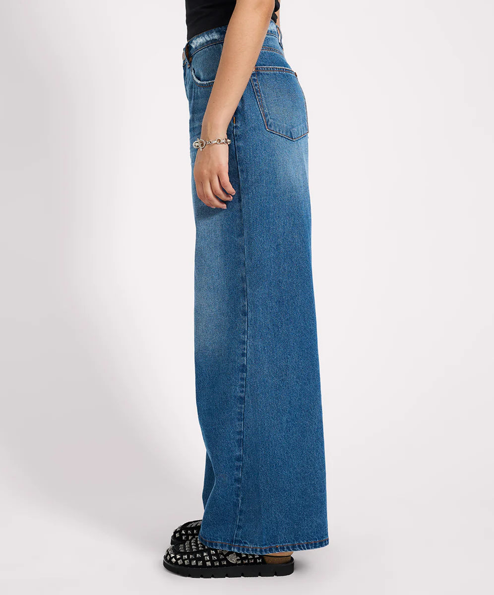 Love Machines Mid Waist Super Wide Leg Denim Jeans- Pacifica