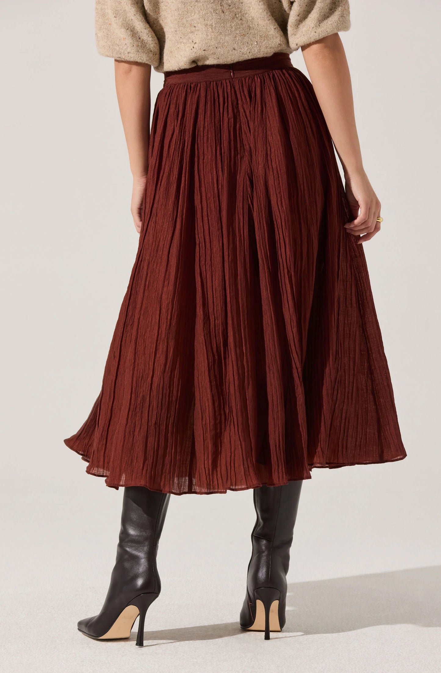 Salome Pleated Flare Midi Skirt- BURNT BROWN