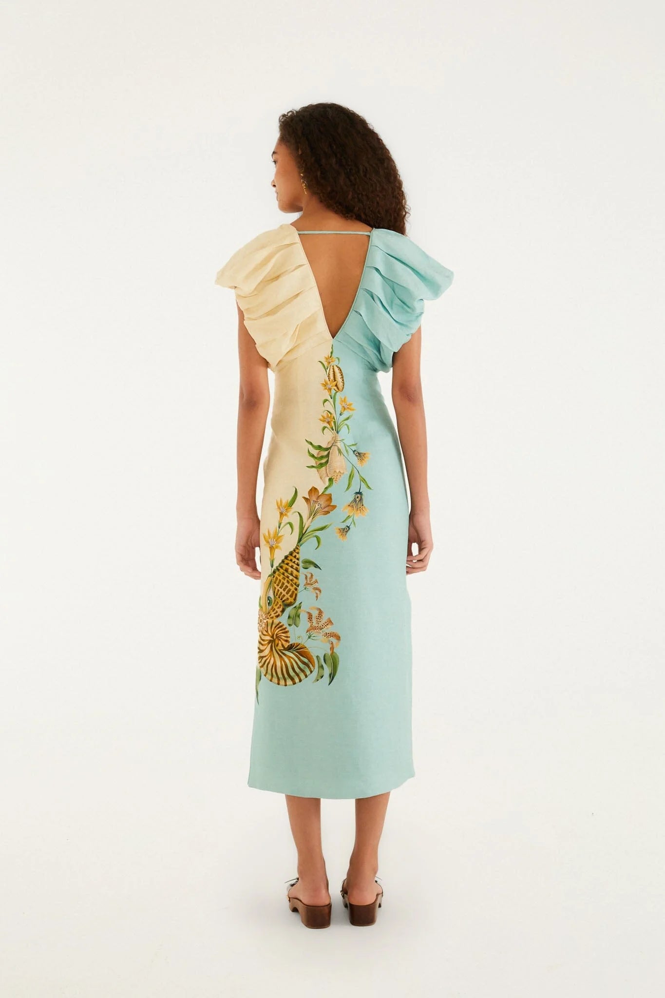 Bicolor Marine Garden Puff Sleeve Midi Dress