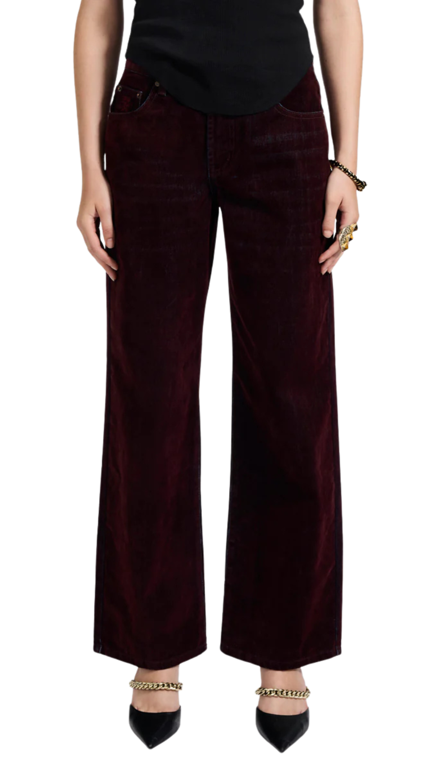 Jackson Mid Waist Wide Leg Velvet Finish Denim Jeans - Flocked Maroon
