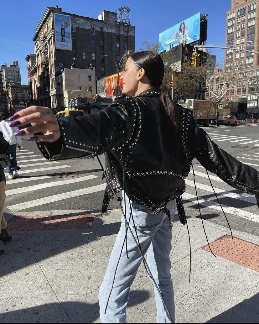 Rivet-Trim Studded Leather Jacket
