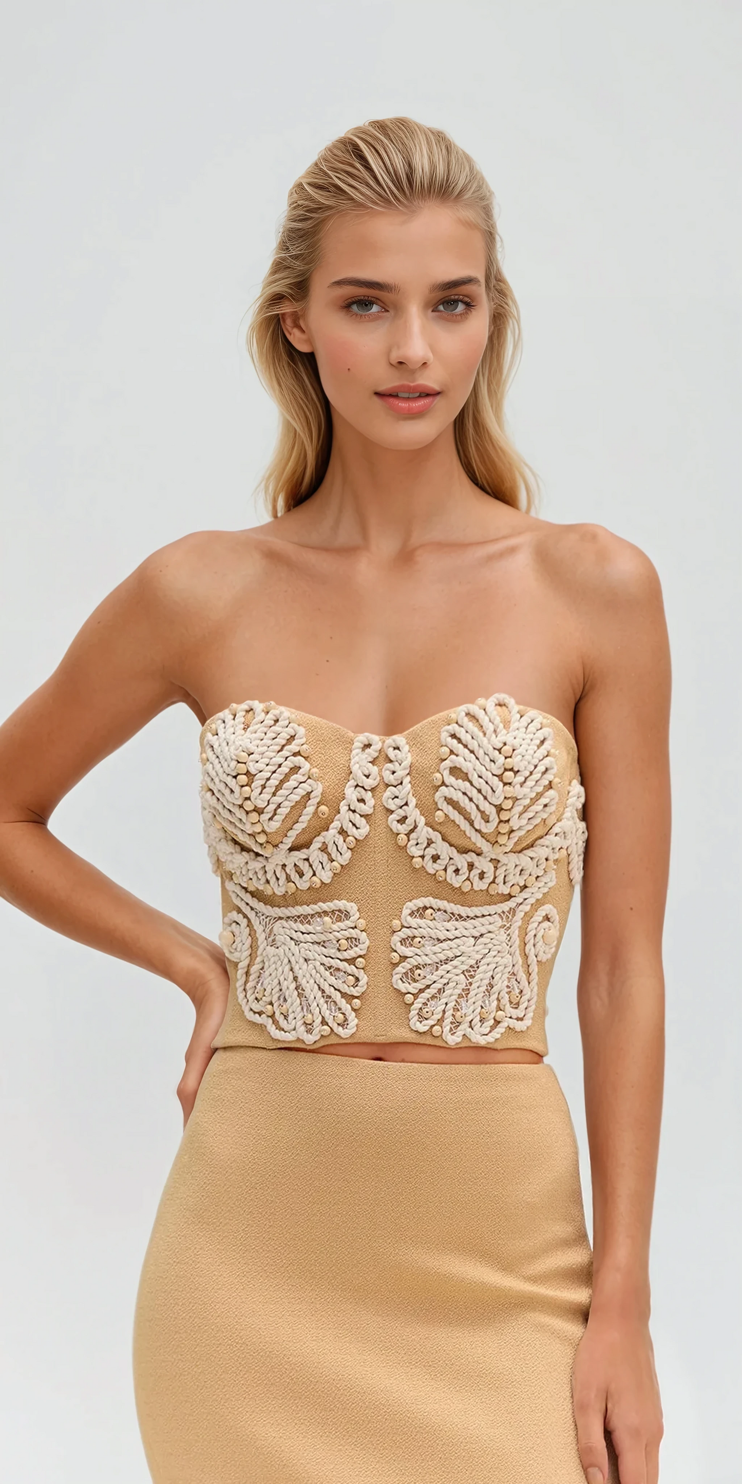 BEIGE ETHNIC KNIT CROPPED TOP