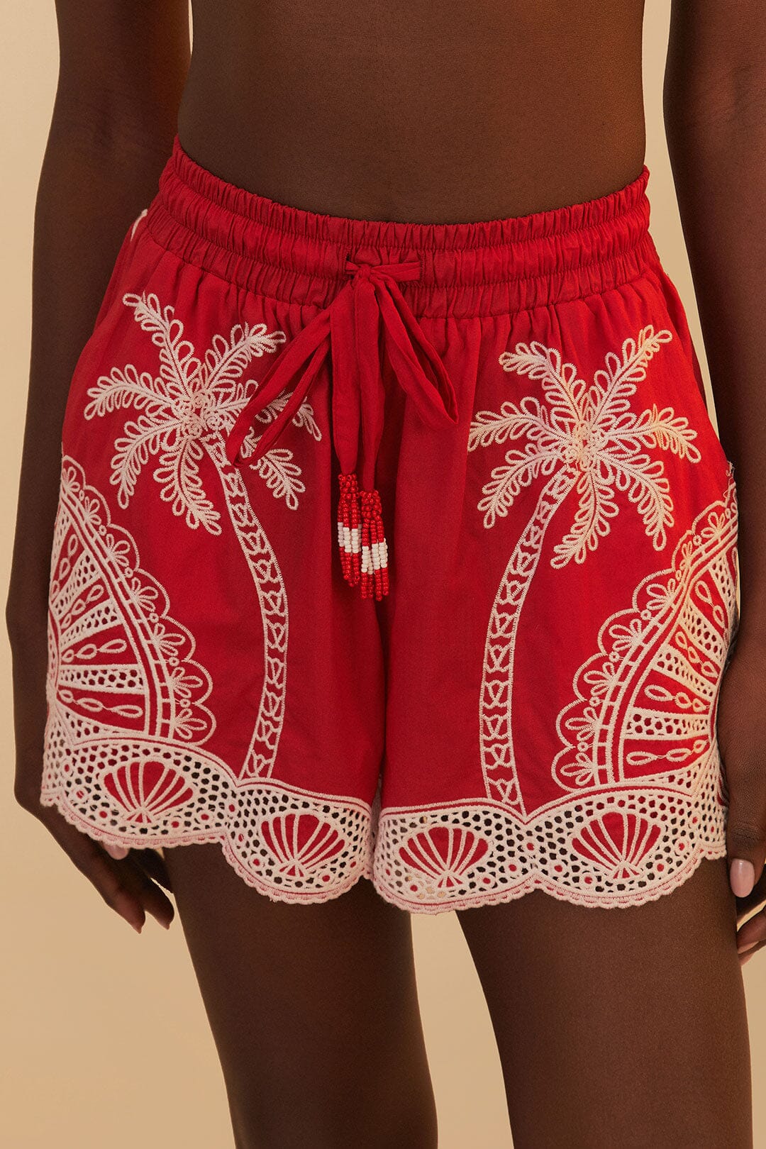 Red Palm Trees Embroidered Short Set