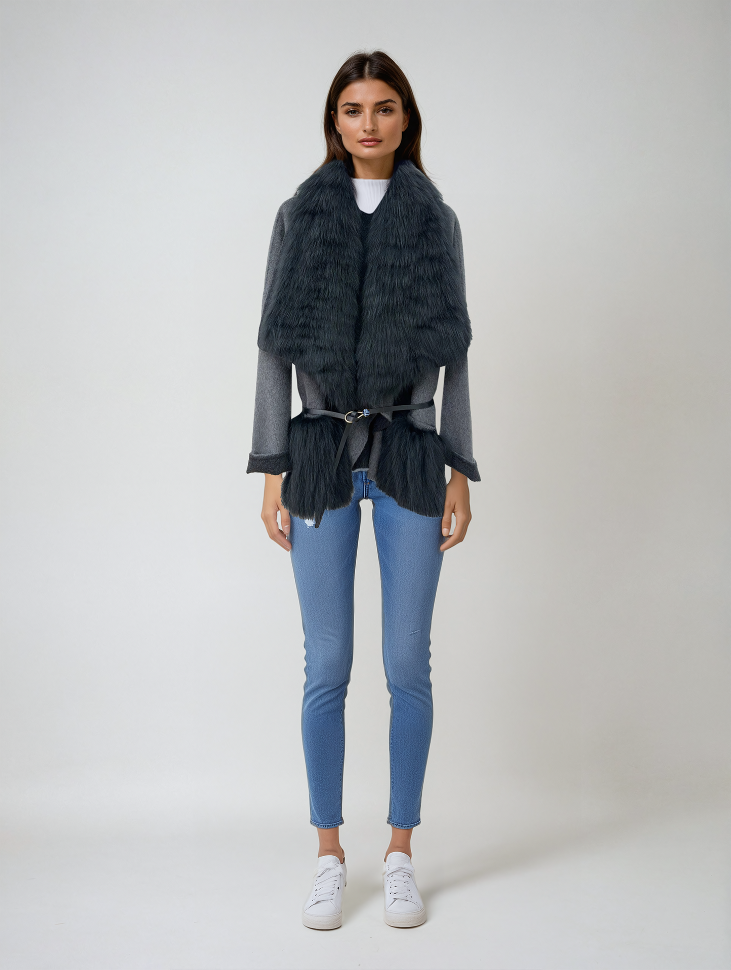 Fernanda Fox Fur and cashmere coat- Light Grey