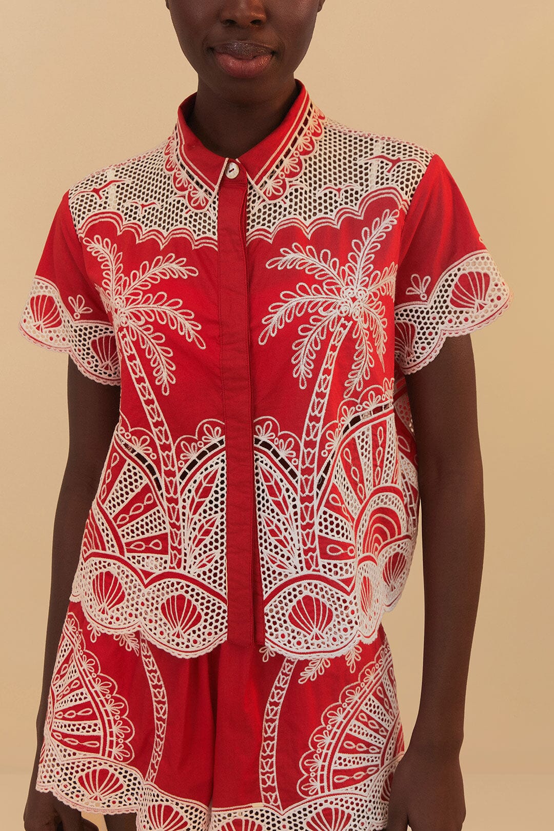 Red Palm Trees Embroidered Short Set